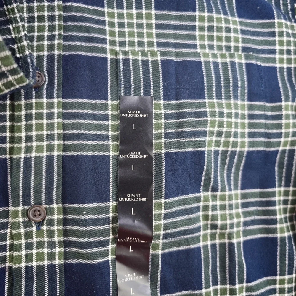 Banana Republic Shirt‎ Mens Large Untucked Fit NWT Blue Green Plaid Long Sleeve